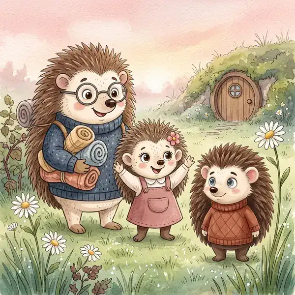 A watercolour garden with daisies and a round wooden door in the hillside, where three hedgehogs stand together: a grown-up in glasses carrying rolled blankets, a little one in a pink pinafore with her arms raised, and one in a rust-red jumper.